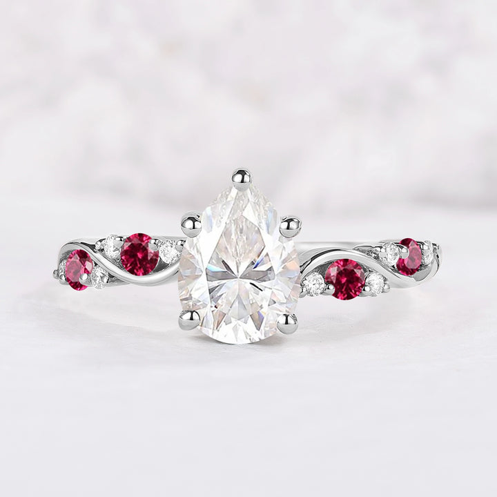 Nature Pear Shaped Moissanite and Ruby Vine Gemstone Ring