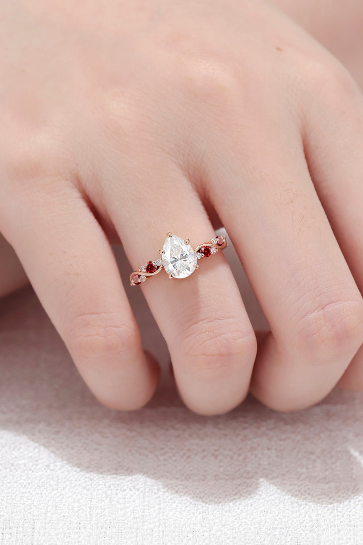Nature Pear Shaped Moissanite and Ruby Vine Gemstone Ring