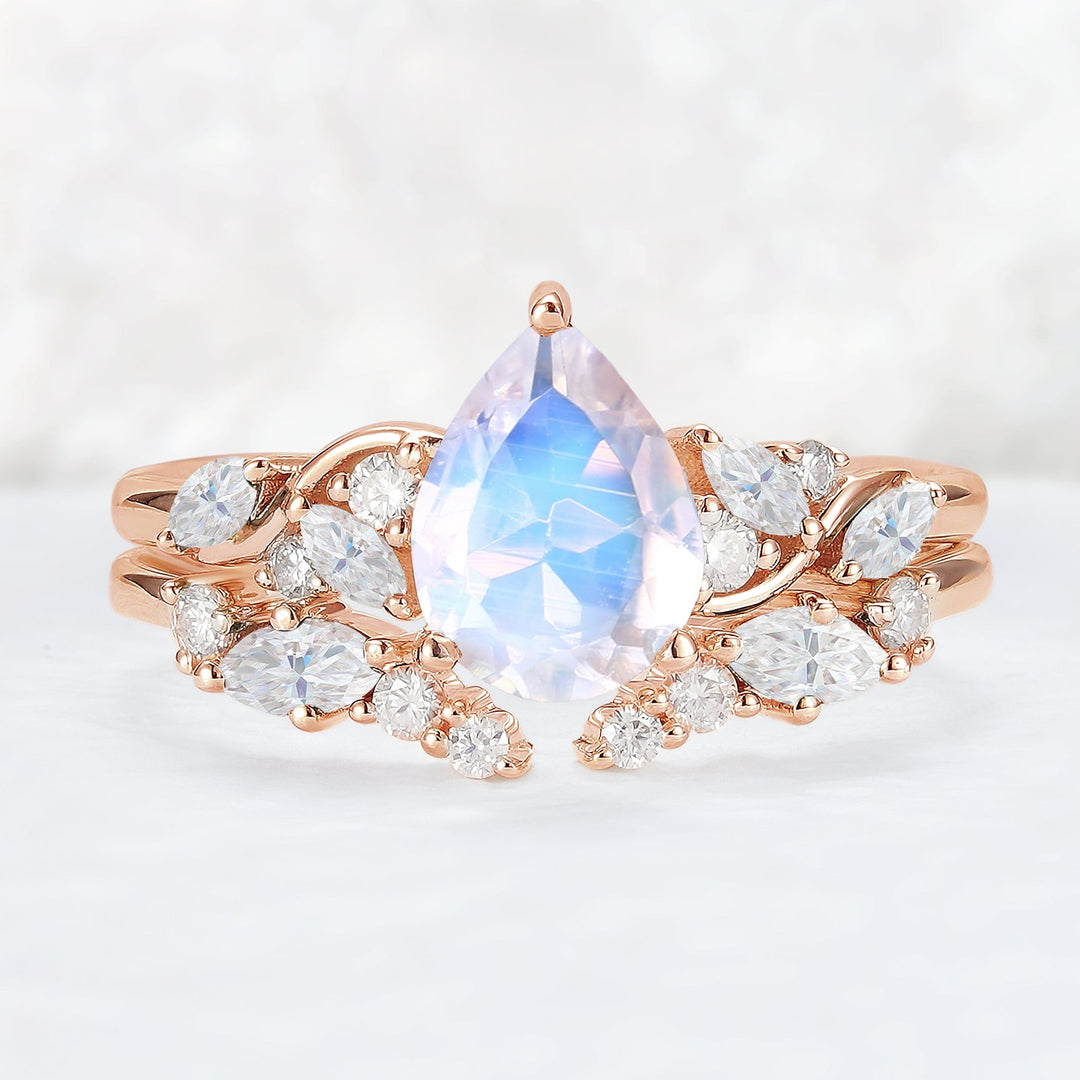 Nature Pear Shaped Moonstone Vine Gemstone Ring Set 2pcs