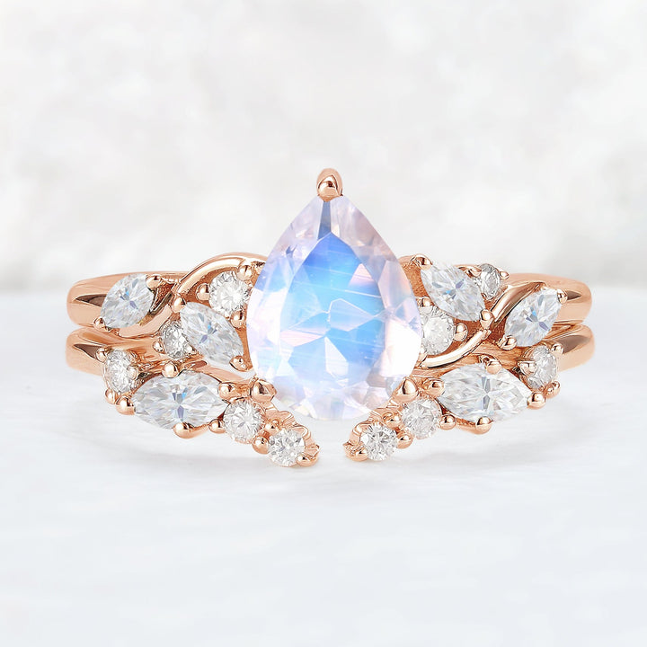 Nature Pear Shaped Moonstone Vine Gemstone Ring Set 2pcs