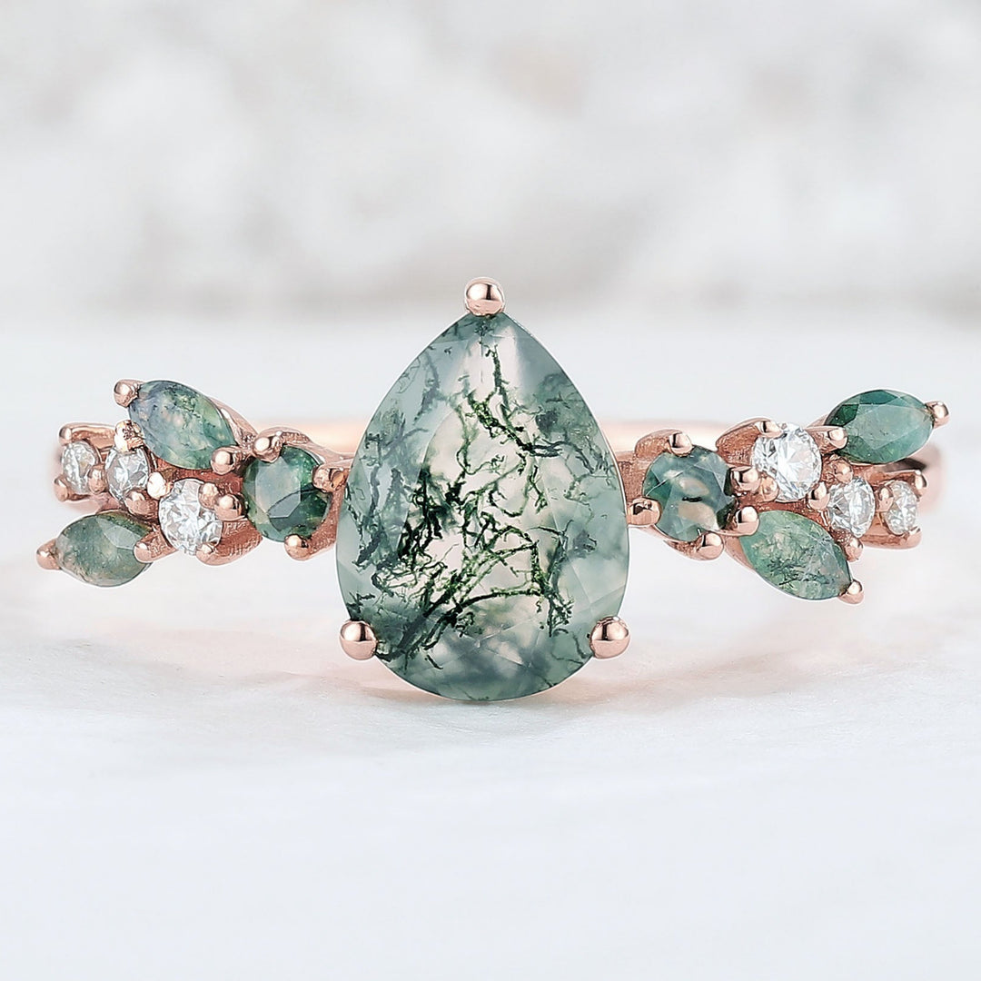 Nature Pear Shaped Moss Agate Leaf Engagement Ring