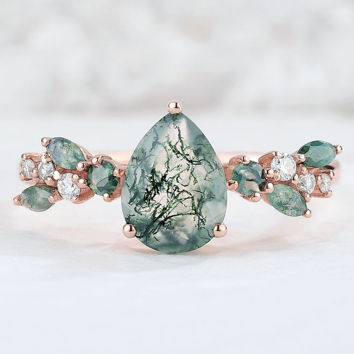 Nature Pear Shaped Moss Agate Leaf Engagement Ring