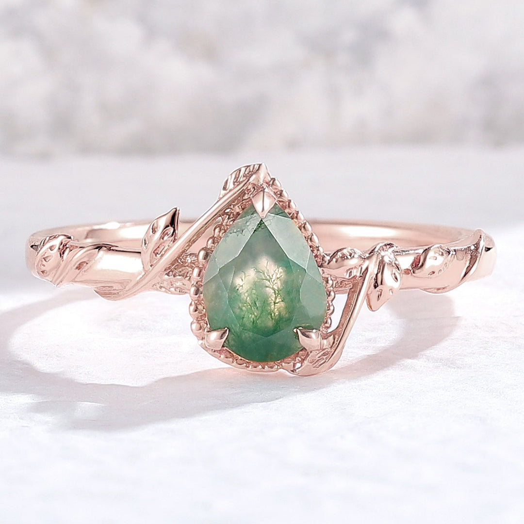 Nature Pear Shaped Moss Agate Leaf Engagement Ring