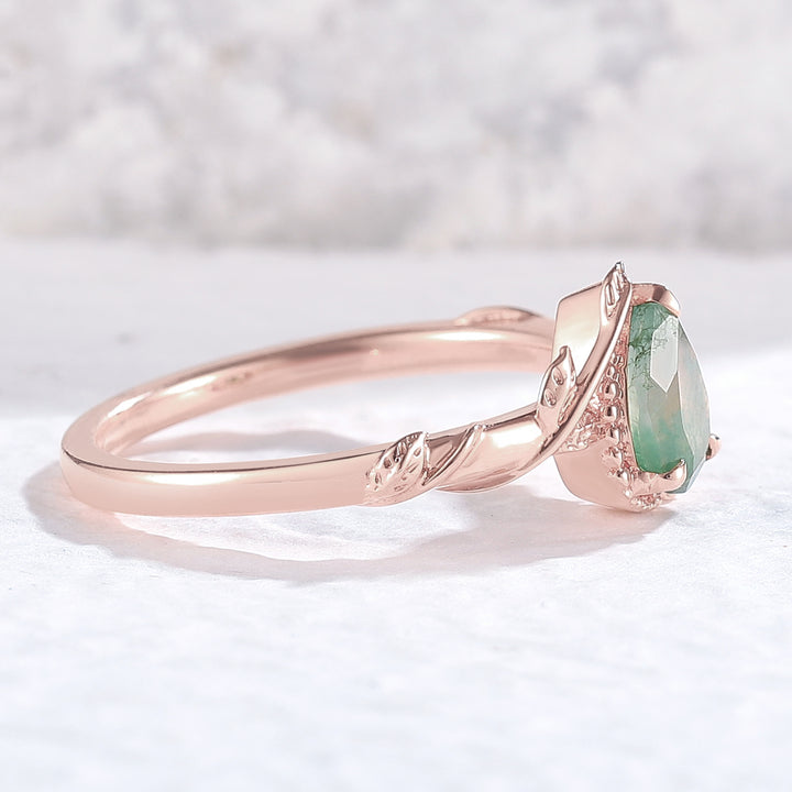 Nature Pear Shaped Moss Agate Leaf Engagement Ring