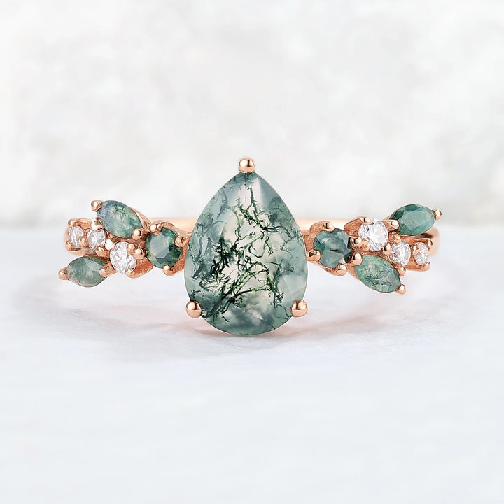 Nature Pear Shaped Moss Agate Leaf Gemstone Ring