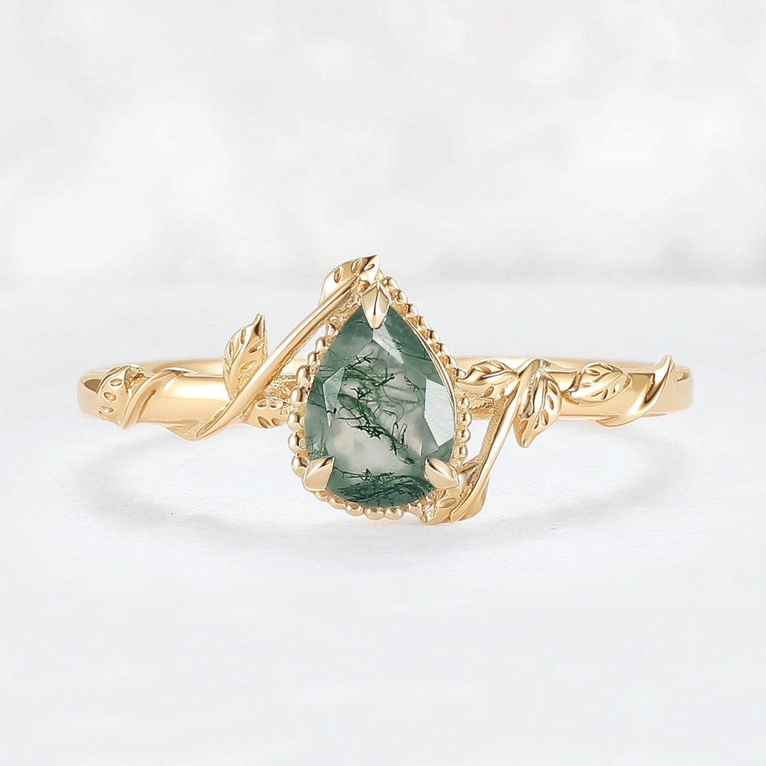 Nature Pear Shaped Moss Agate Leaf Gemstone Ring