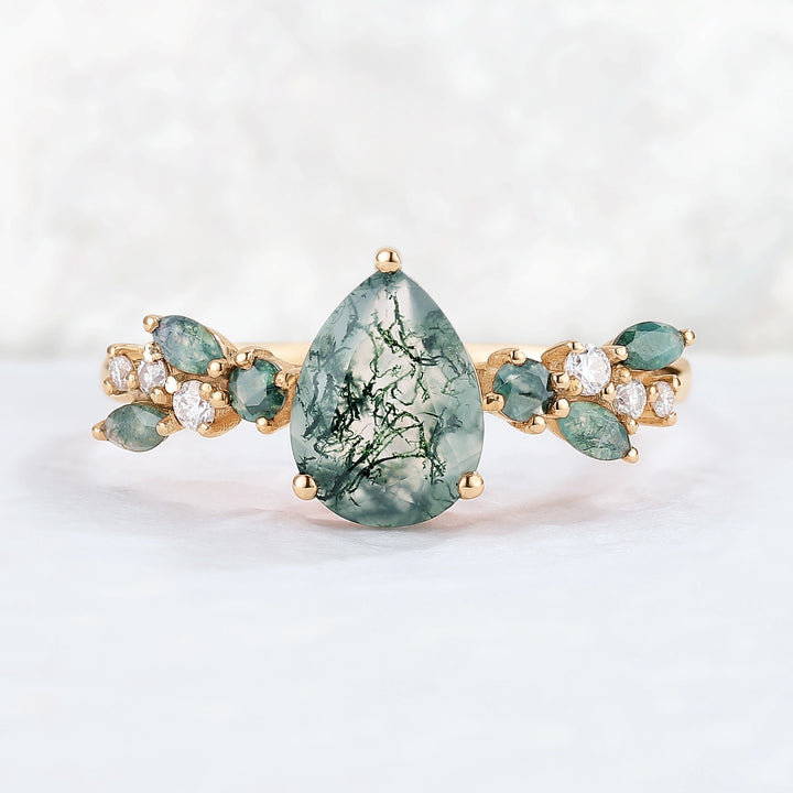 Nature Pear Shaped Moss Agate Leaf Gemstone Ring