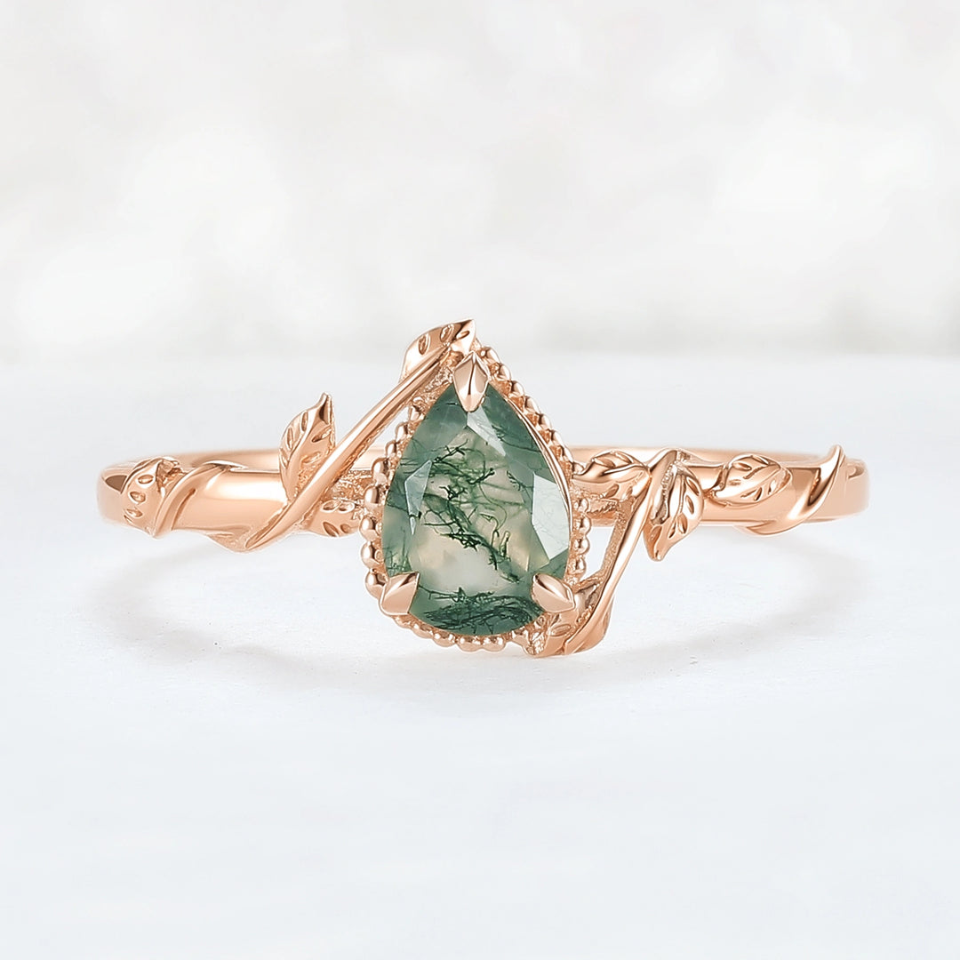 Nature Pear Shaped Moss Agate Leaf Gemstone Ring