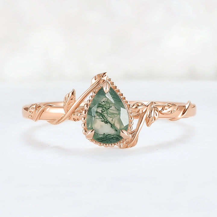 Nature Pear Shaped Moss Agate Leaf Gemstone Ring