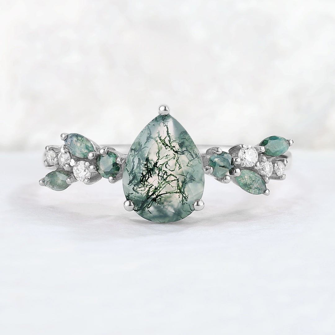 Nature Pear Shaped Moss Agate Leaf Gemstone Ring
