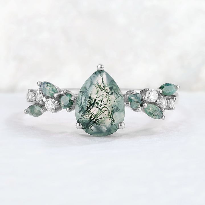 Nature Pear Shaped Moss Agate Leaf Gemstone Ring
