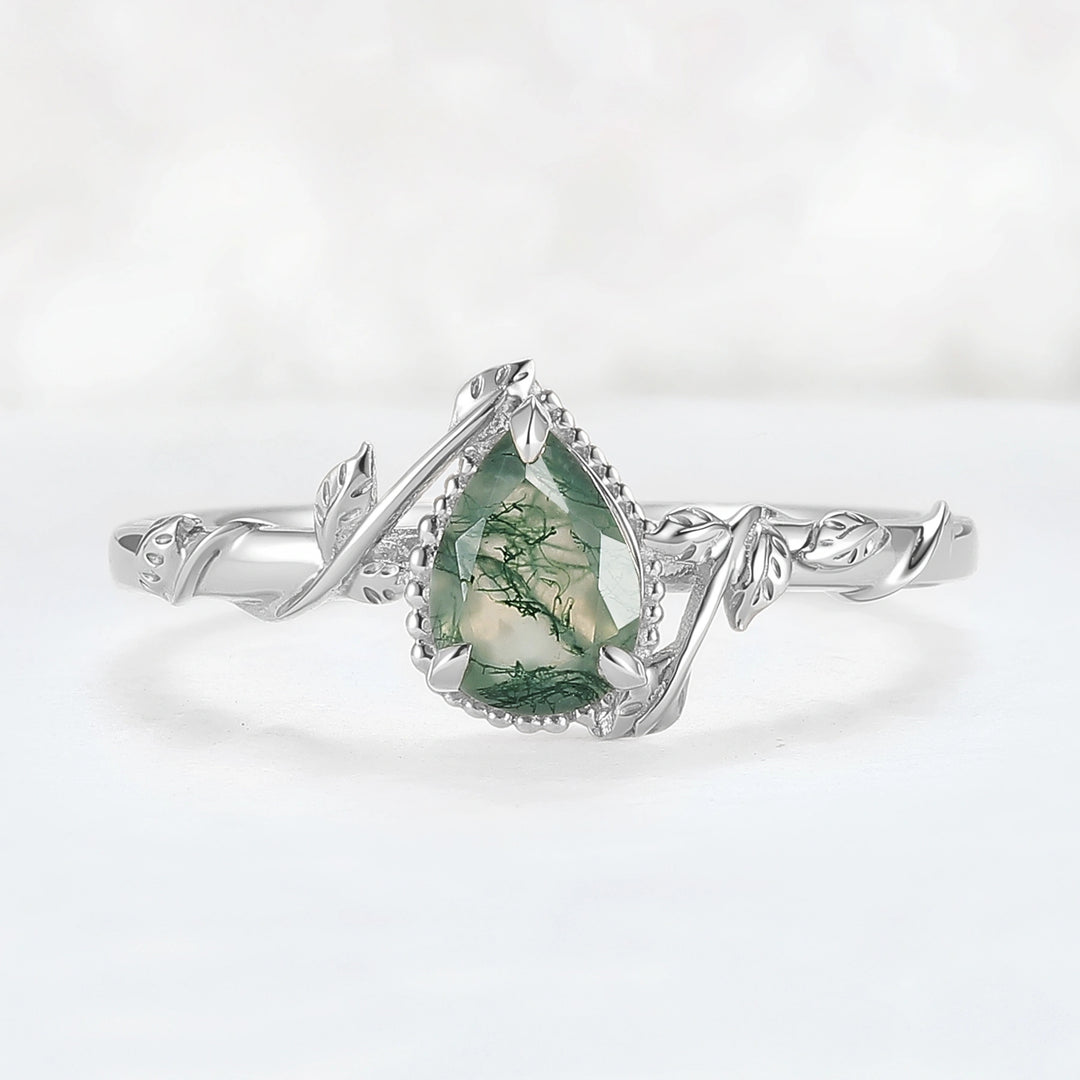 Nature Pear Shaped Moss Agate Leaf Gemstone Ring