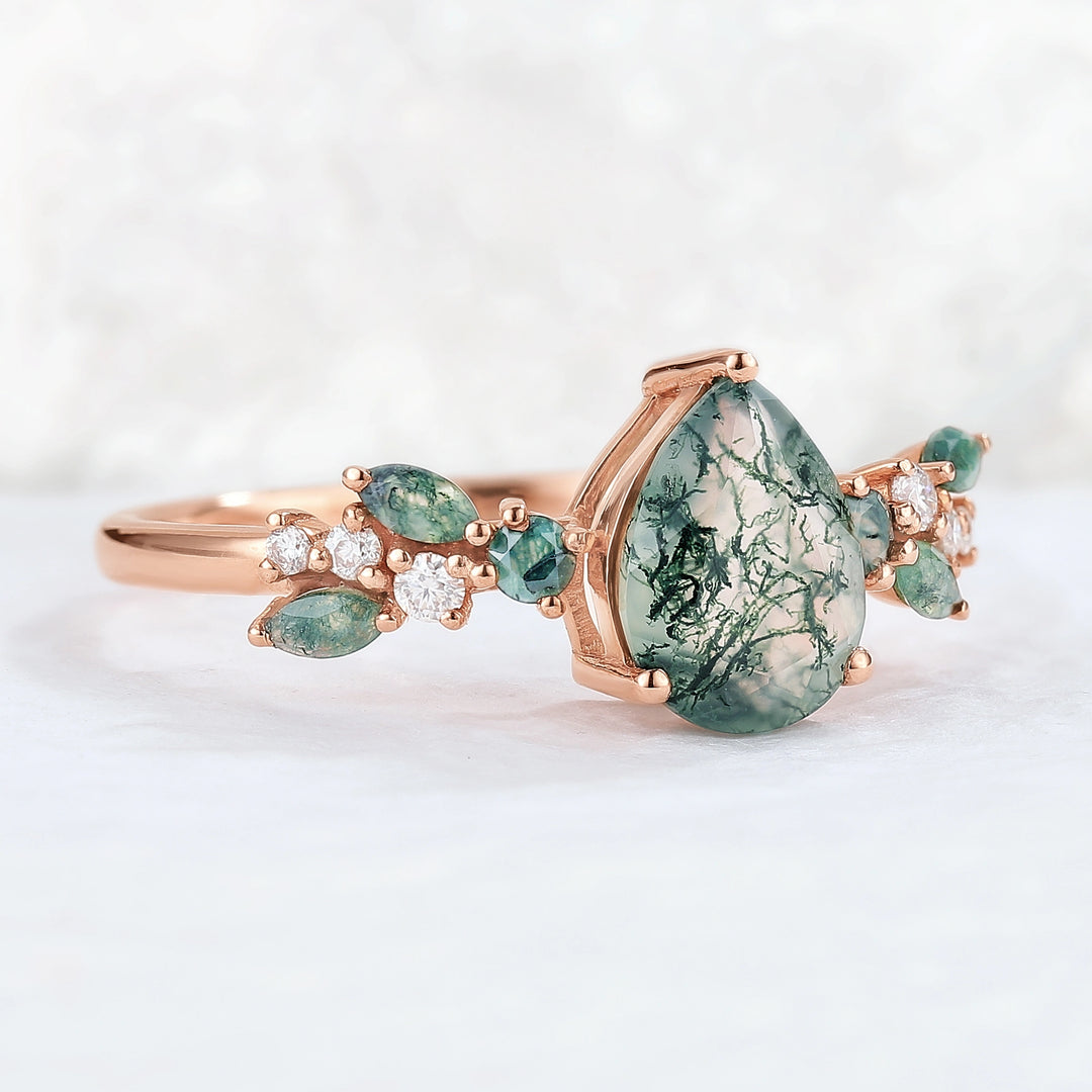 Nature Pear Shaped Moss Agate Leaf Gemstone Ring