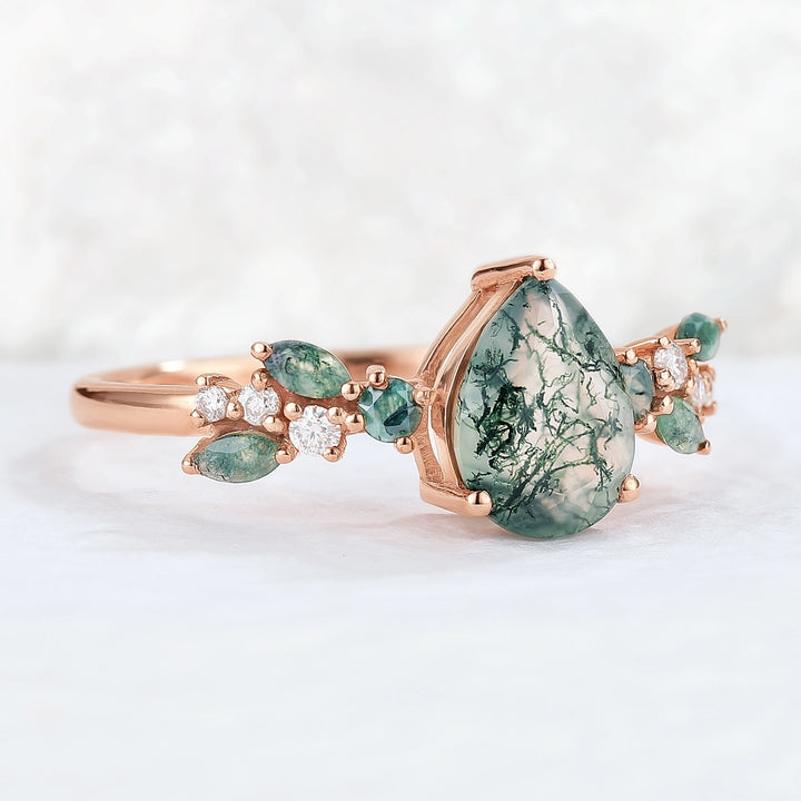 Nature Pear Shaped Moss Agate Leaf Gemstone Ring