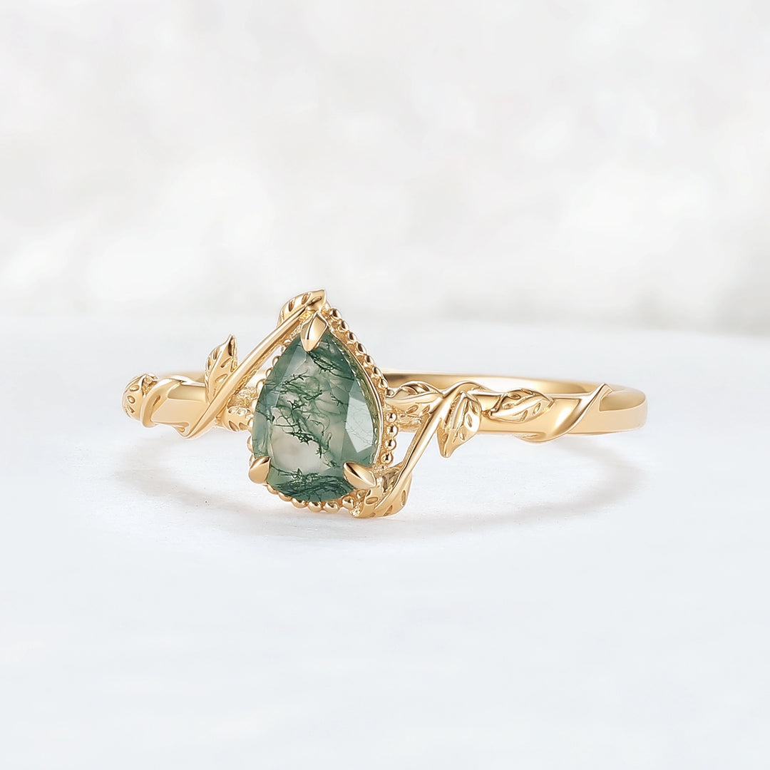 Nature Pear Shaped Moss Agate Leaf Gemstone Ring