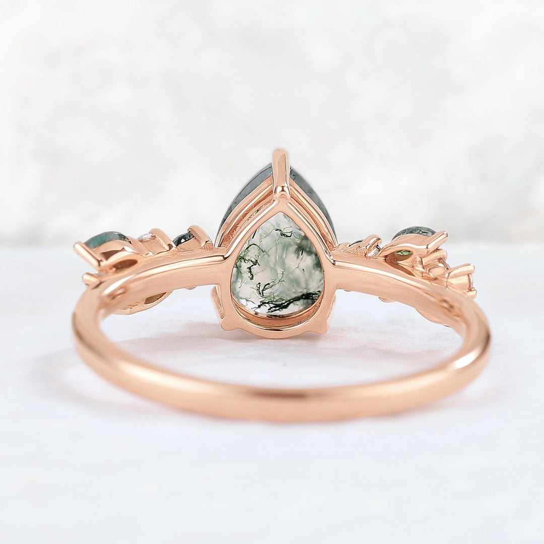 Nature Pear Shaped Moss Agate Leaf Gemstone Ring