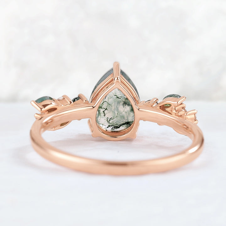 Nature Pear Shaped Moss Agate Leaf Gemstone Ring