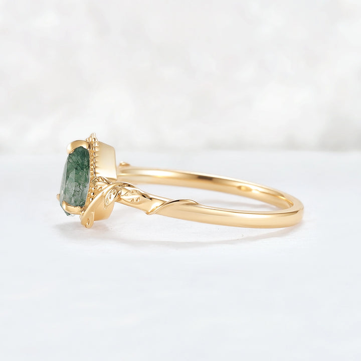 Nature Pear Shaped Moss Agate Leaf Gemstone Ring