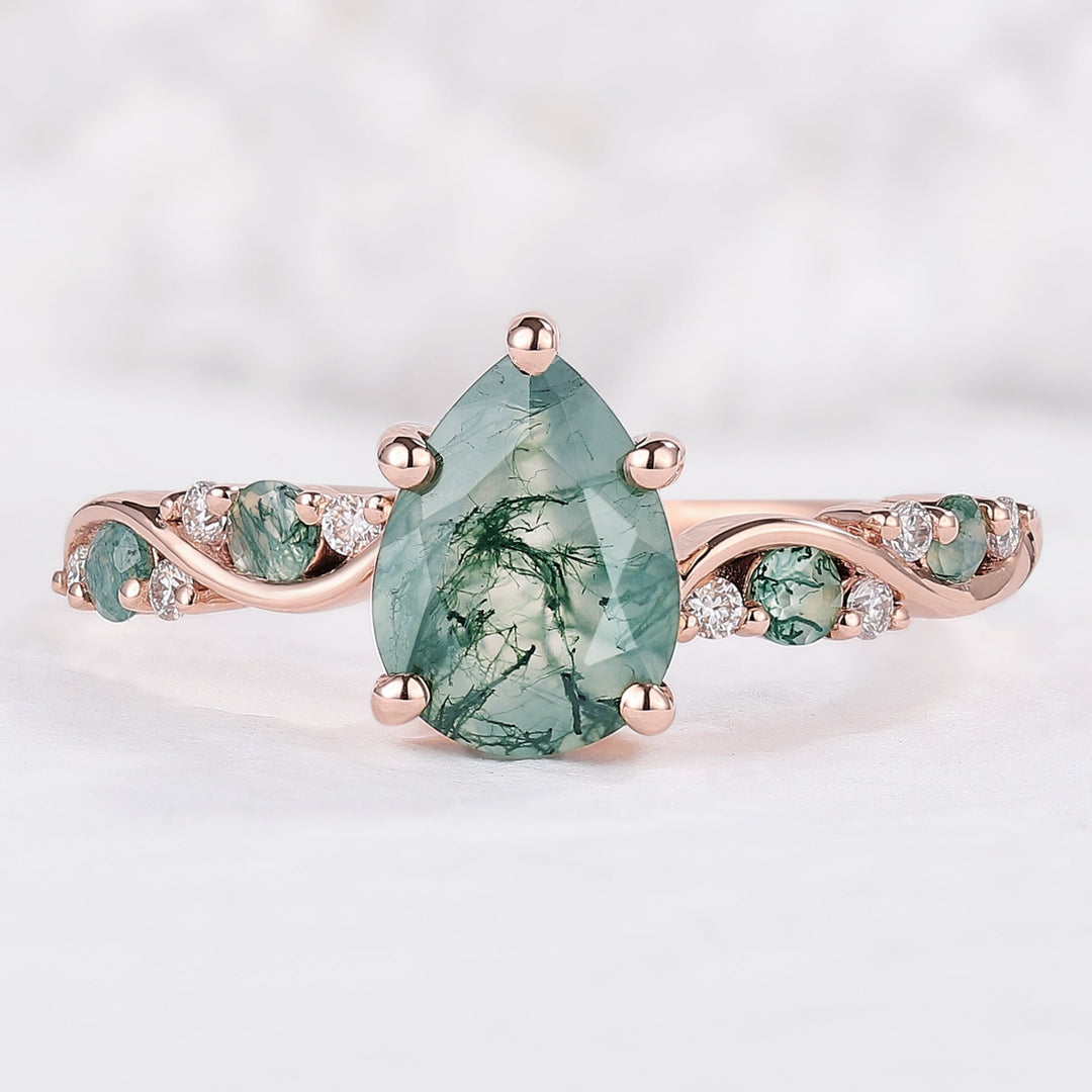 Nature Pear Shaped Moss Agate Vine Engagement Ring