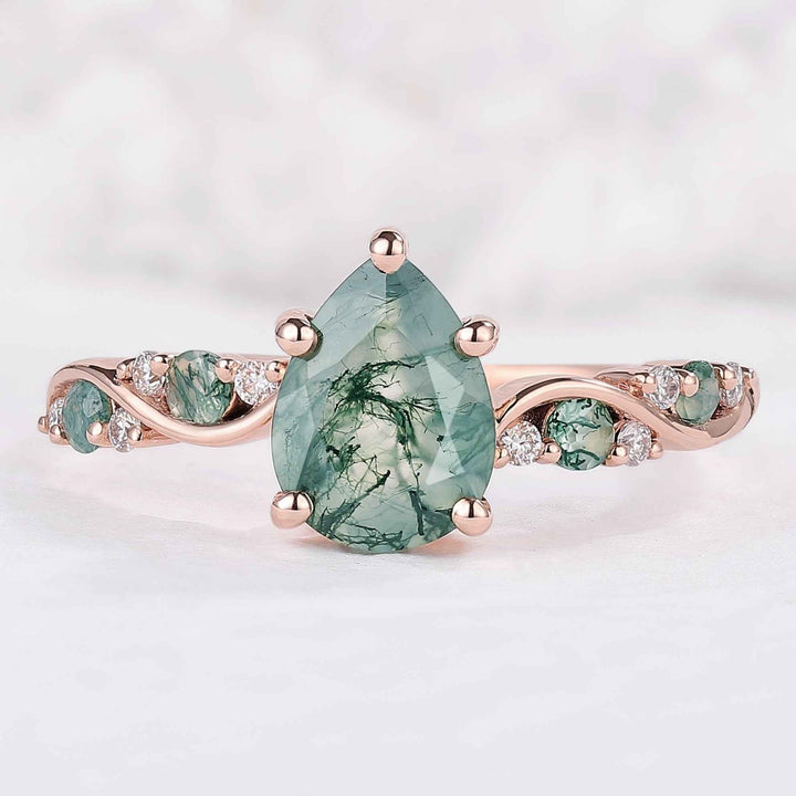 Nature Pear Shaped Moss Agate Vine Engagement Ring