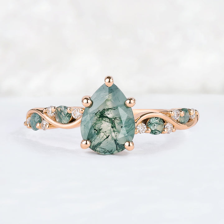 Nature Pear Shaped Moss Agate Vine Gemstone Ring