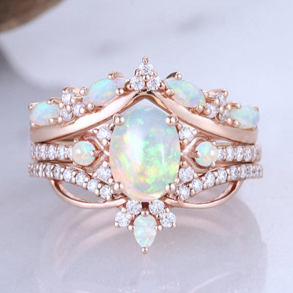 Nature Pear Shaped Natural Opal Vine Gemstone Ring Set 3pcs