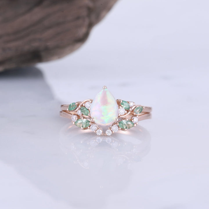 Natural Pear Shaped Opal Vine Ring Set 2pcs
