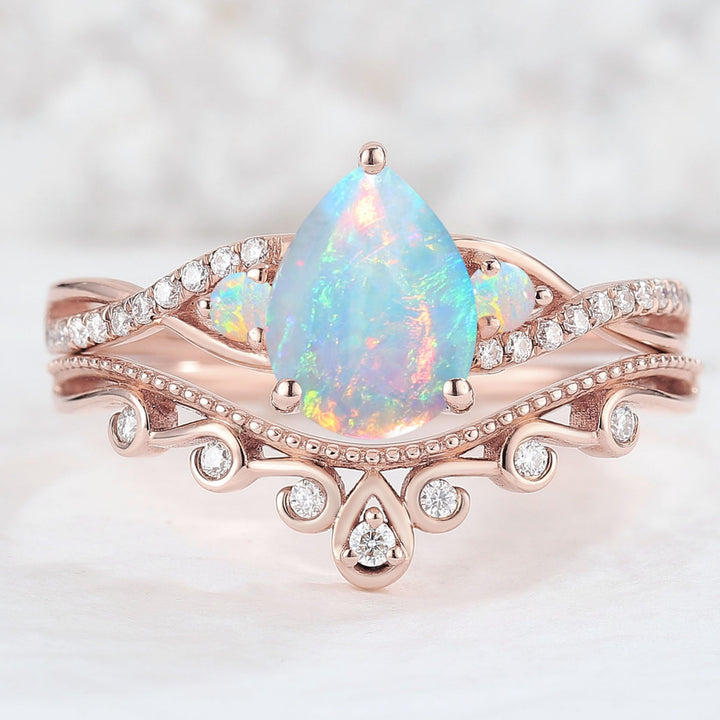Nature Pear Shaped Opal Vine Engagement ring set 2pcs