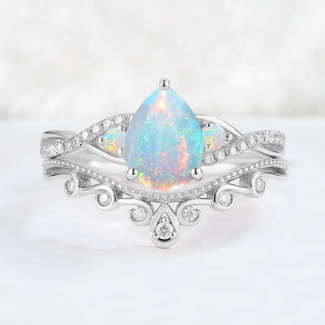 Nature Pear Shaped Opal Vine Gemstone ring set 2pcs