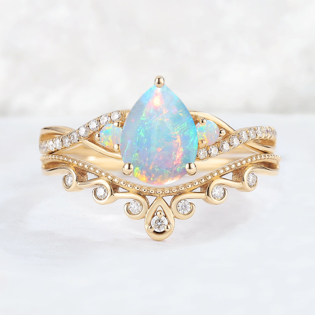 Nature Pear Shaped Opal Vine Gemstone ring set 2pcs