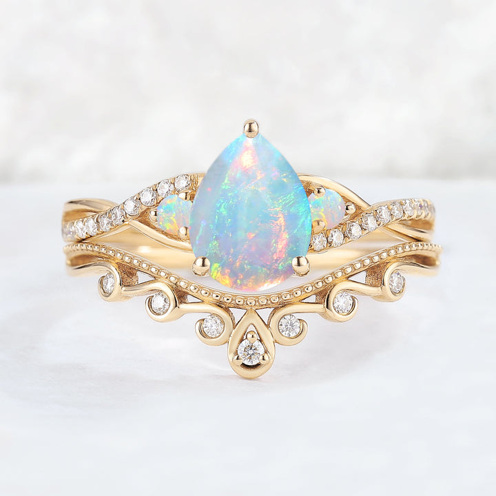 Nature Pear Shaped Opal Vine Gemstone ring set 2pcs