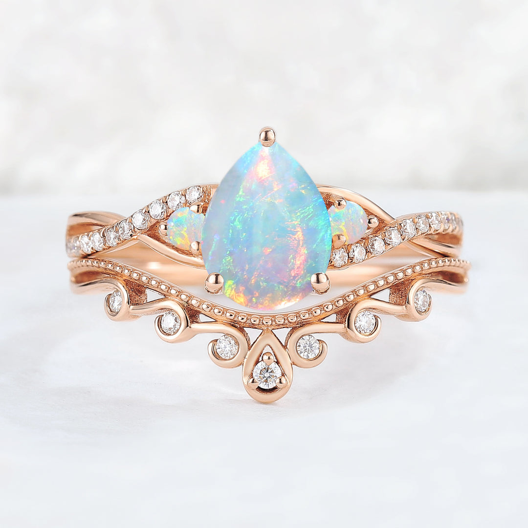 Nature Pear Shaped Opal Vine Gemstone ring set 2pcs