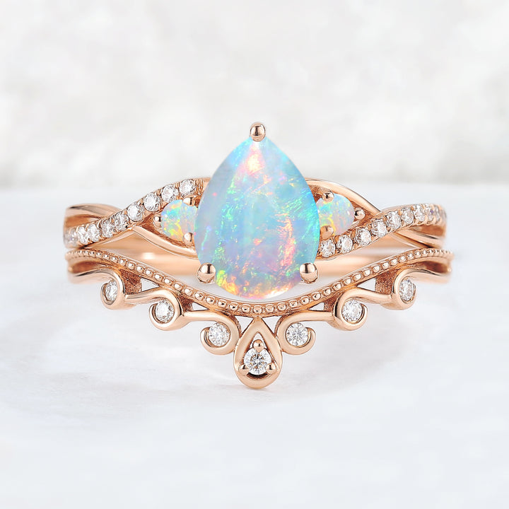 Nature Pear Shaped Opal Vine Gemstone ring set 2pcs