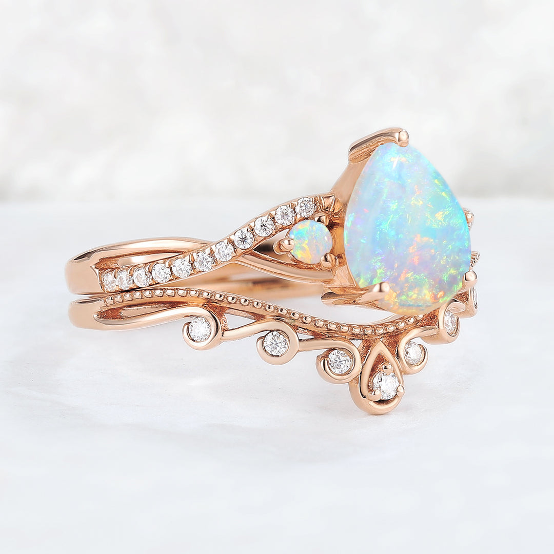 Nature Pear Shaped Opal Vine Gemstone ring set 2pcs