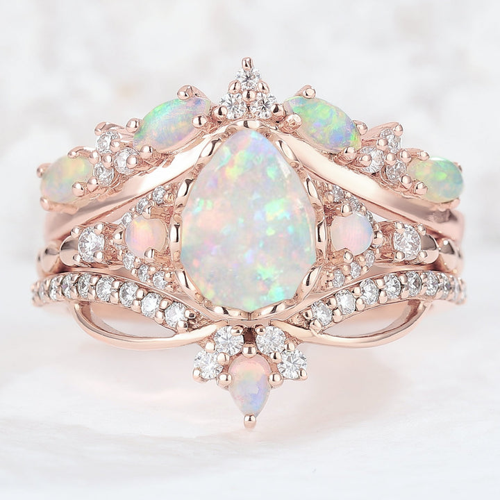 Nature Pear Shaped Opal Vine Handmade Ring Set 3pcs