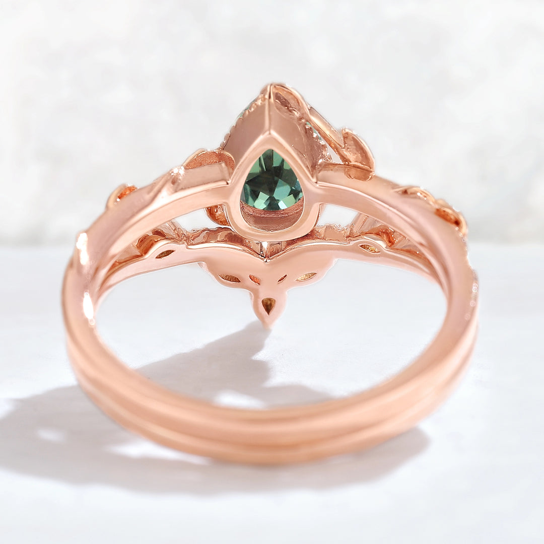 Nature Pear Shaped Sapphire Leaf Gemstone Ring Set 2pcs