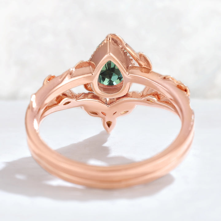 Nature Pear Shaped Sapphire Leaf Gemstone Ring Set 2pcs