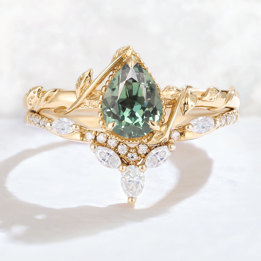 Nature Pear Shaped Sapphire Leaf Gemstone Ring Set 2pcs