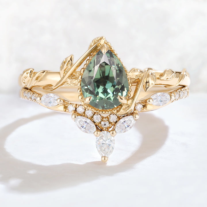 Nature Pear Shaped Sapphire Leaf Gemstone Ring Set 2pcs