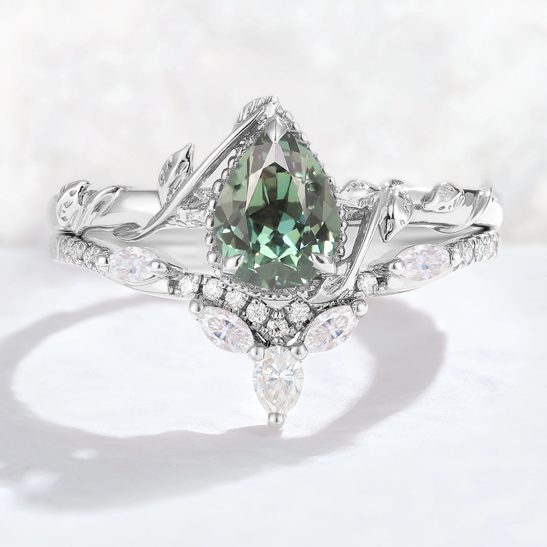 Nature Pear Shaped Sapphire Leaf Gemstone Ring Set 2pcs