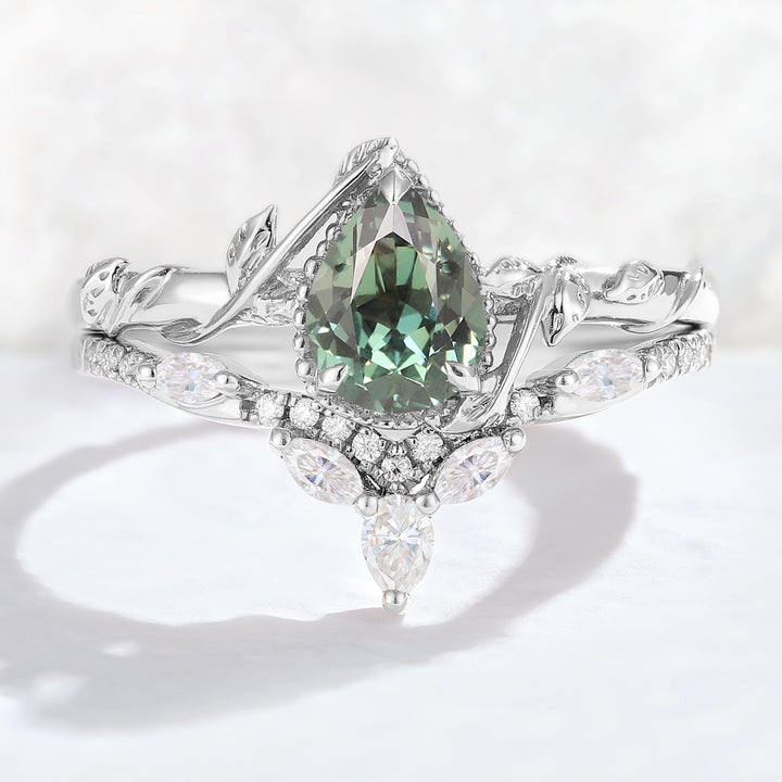 Nature Pear Shaped Sapphire Leaf Gemstone Ring Set 2pcs
