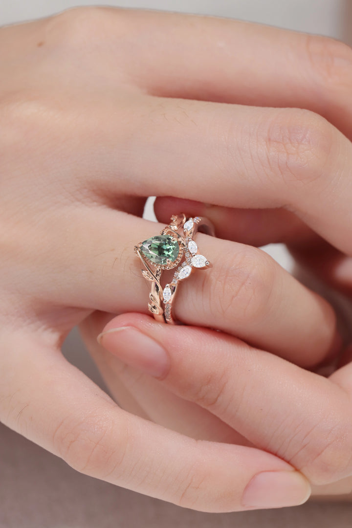 Nature Pear Shaped Sapphire Leaf Gemstone Ring Set 2pcs