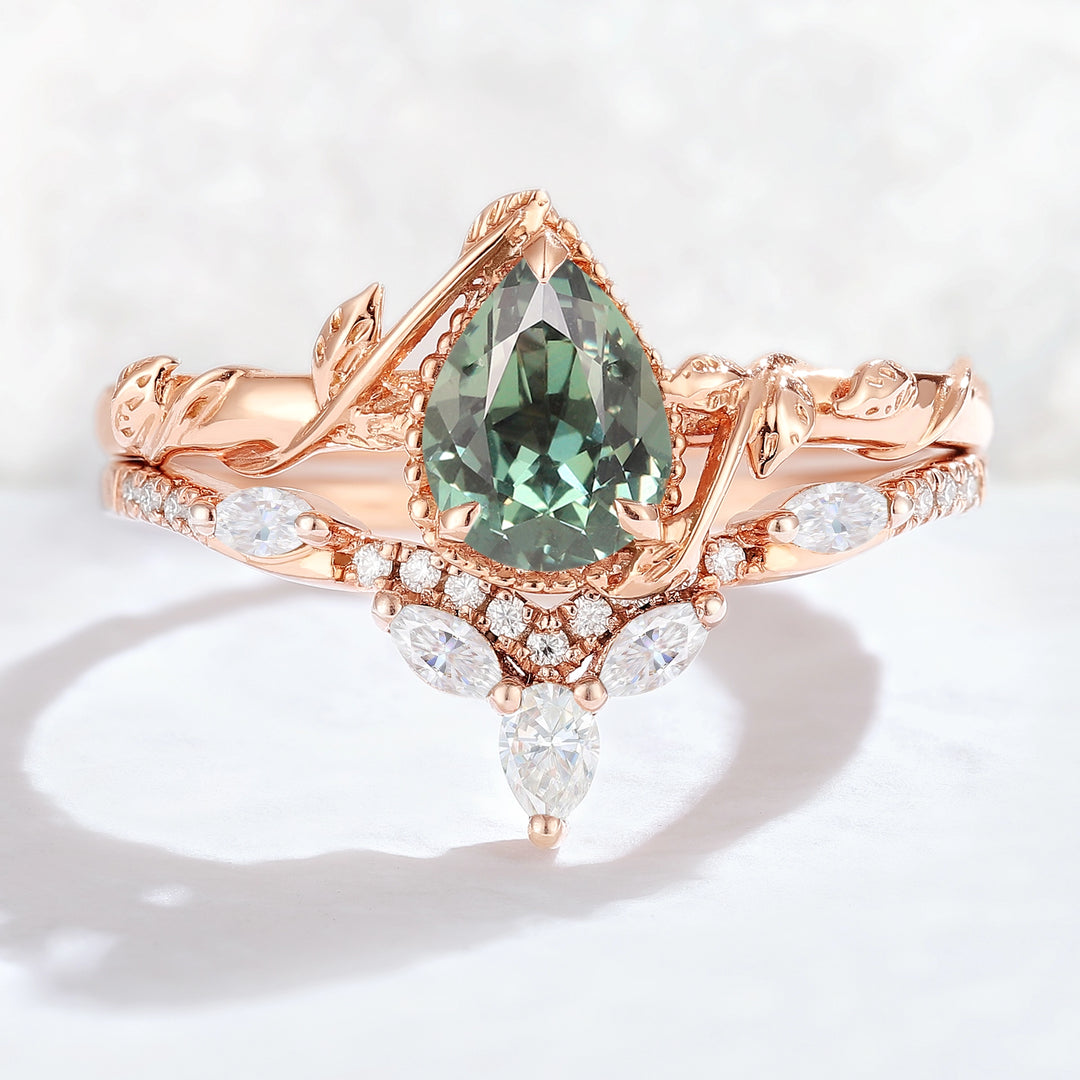 Nature Pear Shaped Sapphire Leaf Gemstone Ring Set 2pcs