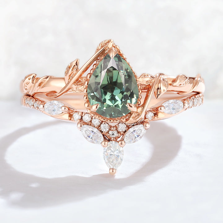 Nature Pear Shaped Sapphire Leaf Gemstone Ring Set 2pcs