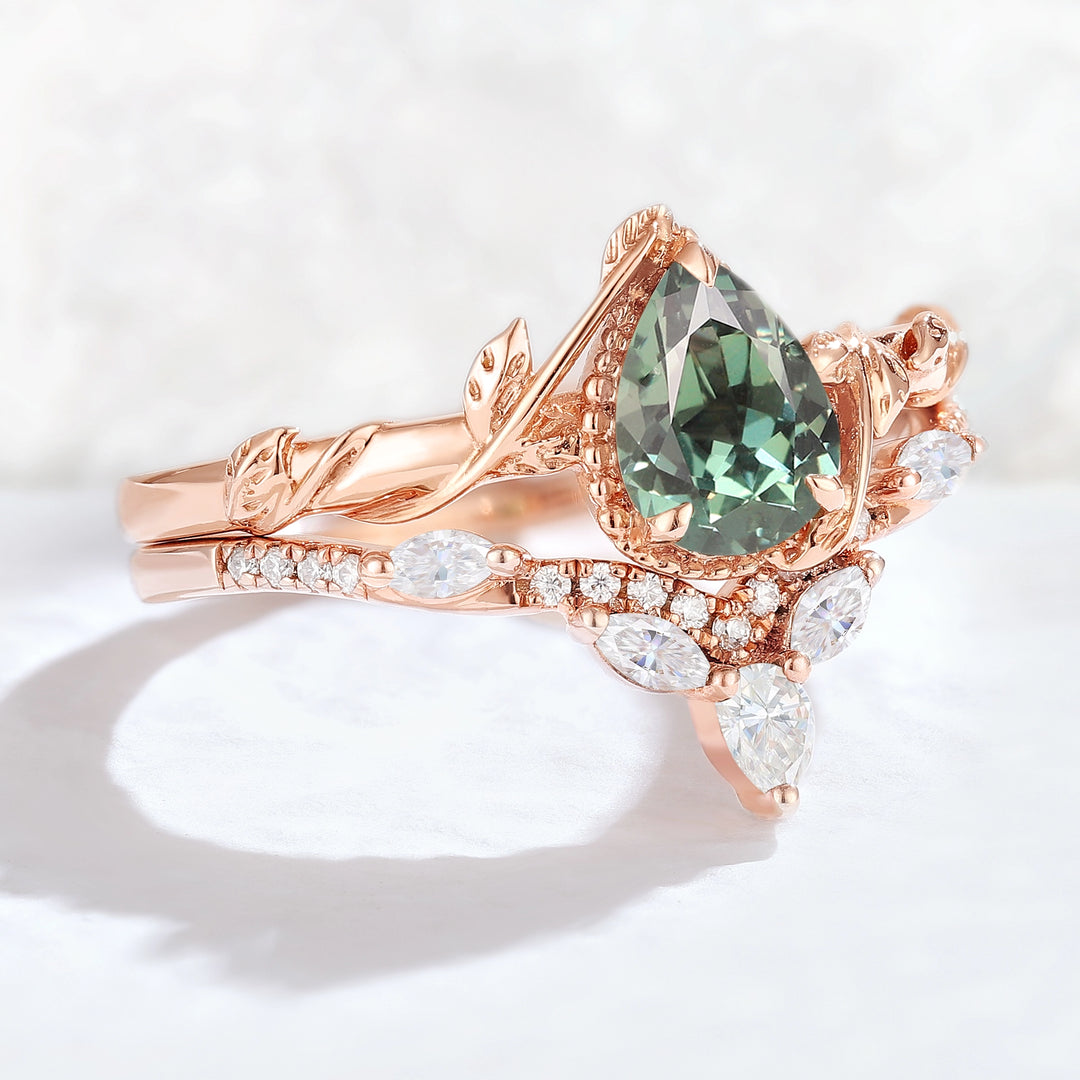 Nature Pear Shaped Sapphire Leaf Gemstone Ring Set 2pcs