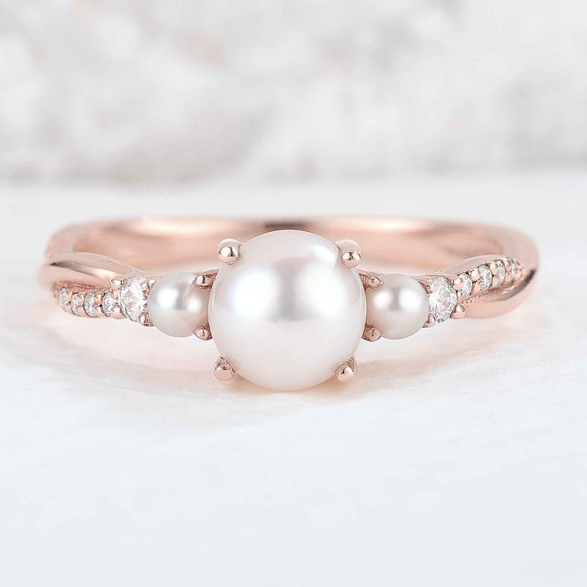 Nature Round Pearl Twisted Engagement Ring