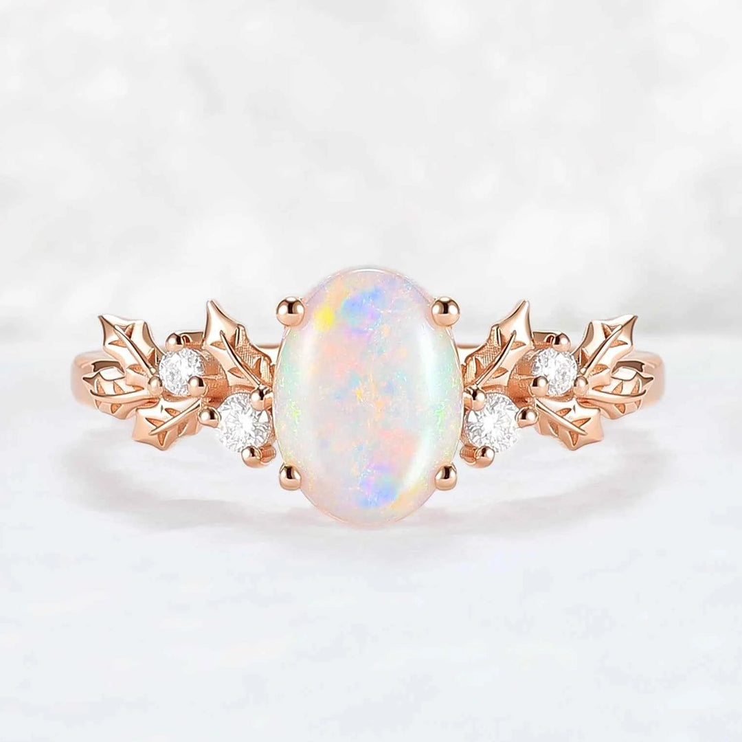 Nutural Holly Leafy Oval Natural Opal Engagement Ring