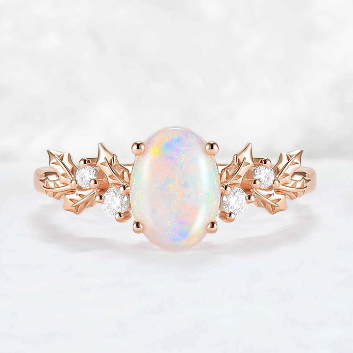Nutural Holly Leafy Oval Natural Opal Engagement Ring