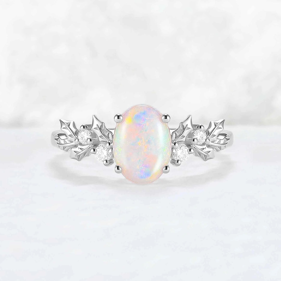 Nutural Holly Leafy Oval Natural Opal Engagement Ring