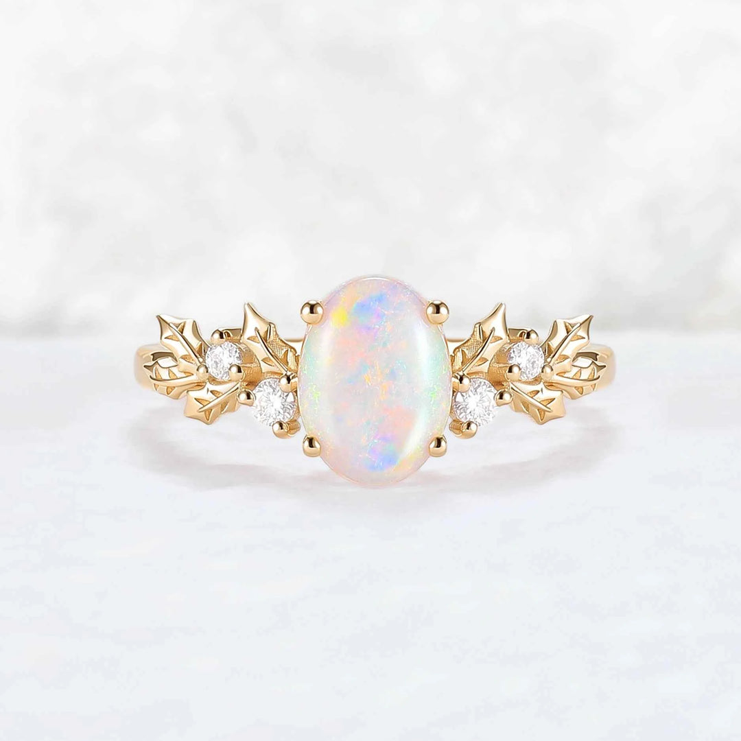 Nutural Holly Leafy Oval Natural Opal Engagement Ring